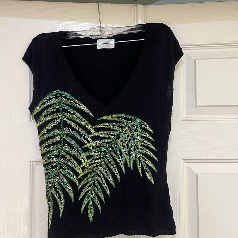 Iceberg light‎ knit sequence palm leaves embroidered short sleeves tunic top S - Picture 4 of 11